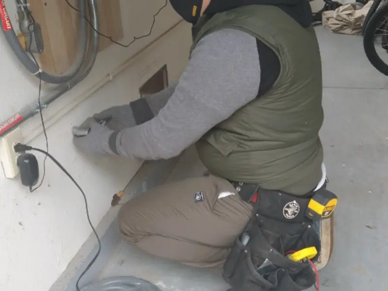 Electrician performing outlet wiring in a Rockmart garage